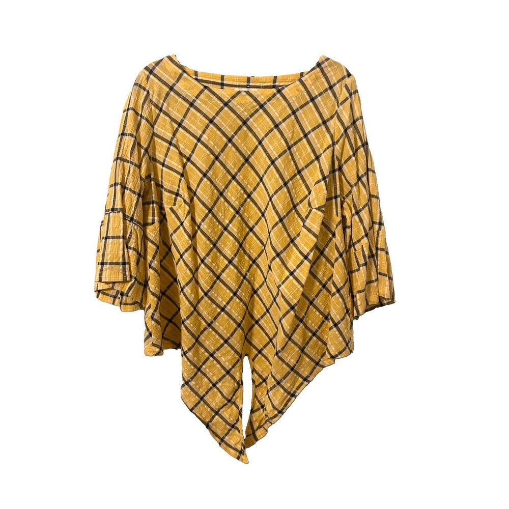 Rafaella Yellow Plaid 100% Cotton Crinkle GauzeBoat Neck Womens Top size 2X XXL